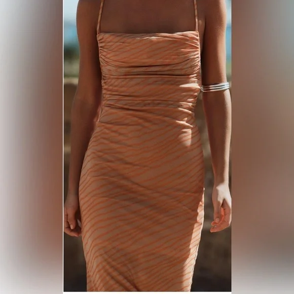 Zara Draped printed orange tulle Elegant Peach Spaghetti Strap Dress XL NWT - Picture 12 of 16